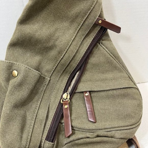 Olive Green Canvas Cotton Sling Bag Backpack Casual Daypack Rucksack Chest Bag